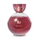 Vidro arredondado com líquido vermelho, borrifador dourado, tampa transparente de fundo vermelho e letras douradas contendo 100ml de desodorante colônia Liz Intenso.