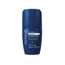Frasco azul marinho com letras brancas contendo 55ml de antitranspirante desodorante roll-on da marca Quasar Blue.