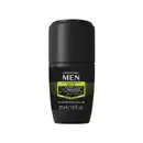 Frasco preto com detalhes amarelos contendo 55ml de desodorante roll-on da marca Men, com texto em verde indicando ser antitranspirante e prolongar a fragrância por 48 horas.