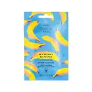Sachê de 30ml na cor azul com detalhe amarelo, letras pretas e bananas ilustradas, contendo máscara capilar Cuide-se Bem Feira Banana.