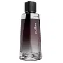 Vidro com degradê de preto e branco, detalhe prateado próximo à tampa preta e rótulo com letras cinza contendo 100ml de desodorante colônia Malbec Icon.