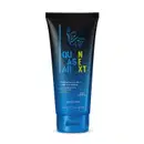 Frasco degradê de azul com preto de gel de banho para corpo e cabelo 2 em 1 da marca Quasar Next, com ilustração de skatista azul e texto em tons de azul, amarelo e branco.