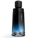 Imagem de um frasco do desodorante colônia Malbec Ultra Bleu com design moderno de forma geométrica e um acabamento preto fosco. A parte inferior apresenta uma degradê do preto ao azul, criando um efeito visual interessante e sofisticado.
