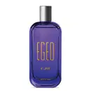 Vidro retangular azul com cantos arredondados, tampa prateada e letras na cor bege escuro contendo 90ml de desodorante colônia Egeo E.Joy.