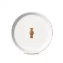 Suporte para vela branco da marca Casa 214 no formato redondo com logo do Boticário em dourado no centro.