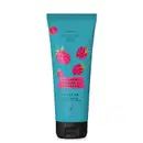 Frasco azul com tampa preta e ilustrações de framboesas na cor rosa contendo 230ml de shampoo Cuide-se Bem Feira Vinagre de Framboesa.