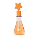 Frasco simulando um vidro laboratorial com líquido laranja e tampa com estrela na ponta também laranja contendo 120ml de colônia infantil Poção da Criatividade Dr. Botica.