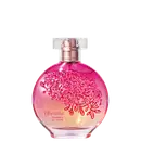 Item de perfumaria em frasco de vidro com tampa rosada. Embalagem com design floral em tons de rosa e laranja. Rótulo com o nome "Floratta Romance de Verao" em destaque.