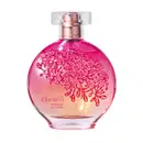 Vidro redondo com líquido rosa, floral em relevo rosa escuro, pulverizador prateado e tampa transparente contendo 75ml de desodorante colônia Floratta Romance de Verão.