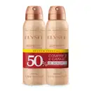 Dois frascos na cor rosa claro com tampas e letras rosa metalizado contendo, em cada um, 75g/125ml de desodorante antitranspirante aerossol da marca Elysée. Há rótulo vermelho em volta deles indicando promoção de 50% de desconto na segunda unidade.