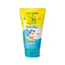 Imagem de embalagem amarela e azul de protetor solar infantil Boti Sun Kids com FPS 70 com rótulo ilustrado de personagens da marca Dr. Botica.