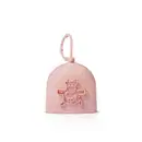 Capinha de silicone rosa para creme de mãos da marca Cuide-se Bem Deleite, com ilustração de uma vaquinha em relevo e alça para pendurar.