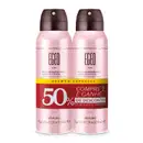 Dois frascos na cor rosa metalizado com tampas e letras pretas contendo, em cada um deles, 75g/125ml de desodorante antitranspirante aerossol da marca Egeo Choc. Há rótulo vermelho em volta deles indicando promoção de 50% de desconto na segunda unidade.