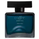 Vidro quadrado azul com tampa retangular preta e rótulo com letras cinzas contendo 100ml de desodorante colônia Coffee Addictive Oriental Aromático.
