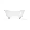 Banheira em acrílico branco em formato oval alongado com bordas arredondadas. Base retangular transparente com quatro pés arredondados. Superfície lisa e brilhante. Design minimalista e elegante, adequado para ambientes de spa e banheiros luxuosos.
