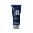 Imagem de uma bisnaga azul-marinho com rótulo em branco exibindo a marca "Egeo Blue" e a descrição "Shower gel" em inglês. A tampa do produto é na cor prata.