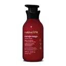 Frasco vermelho escuro com tampa dosadora preta e letras douradas e brancas contendo 400ml de loção aveludada corporal da marca Nativa SPA Cereja Rouge.