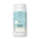 Imagem de um frasco branco de shampoo da marca Cuide-se Bem Nuvem, com rótulo em tons de azul e círculos amarelos, contendo a descrição e informações sobre o produto para cabelos hidratados e sem frizz em letras pretas.