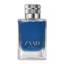 Frasco de vidro transparente de item de perfumaria da marca Zaad Mondo, contendo líquido na cor azul, tampa prateada e marca gravada no rótulo, também em prata.
