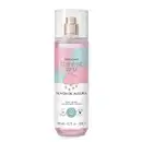 Frasco transparente com líquido lilás, pulverizador dourado e rótulo em tons de azul e rosa com nuvem sorridente ilustrada contendo 200ml de body splash Cuide-se Bem Nuvem de Alegria.