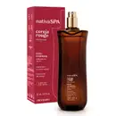 Frasco longo na cor vermelho escuro com borrifador dourado contendo 85ml de óleo multifuncional glorioso corpo e cabelos Nativa SPA Cereja Rouge ao lado de sua caixa na cor vermelha com letras brancas.