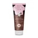 Frasco de loção hidratante corporal da marca Cuide-se Bem Deleite Chocolatudo, com bisnaga rosa e marrom, apresentando ilustração de vaca no rótulo.