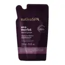 Refil de loção corporal desodorante da marca Nativa SPA Uva Merlot, com sachê de 350 ml na cor roxa escura, rótulo com texto em dourado e branco informando a marca e as características do produto.