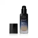 Frasco de vidro retangular aberto em degradê de preto para o azul base líquida da marca Make B.  Retinol 3 H+, na parte inferior se vê o tom bege da base. O rótulo contém texto escrito em branco, com destaque para o FPS 80. Tampa preta ao lado do frasco