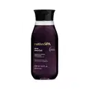 Frasco de 250 de sabonete líquido perfumado da marca Nativa SPA Uva Merlot, em embalagem transparente com sabonete roxo escuro, tampa preta e letras brancas e douradas.