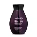 Frasco de200ml de óleo corporal hidratante da marca Nativa SPA Uva Merlot, na cor roxa escura, tampa preta com rótulo em letras douradas e brancas.