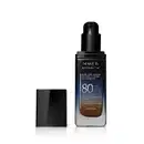 Frasco de vidro retangular aberto em degradê de preto para o azul base líquida da marca Make B.  Retinol 3 H+, na parte inferior se vê o tom marrom da base. O rótulo contém texto escrito em branco, com destaque para o FPS 80. Tampa preta ao lado do frasco