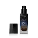 Frasco de vidro retangular aberto em degradê de preto para o azul base líquida da marca Make B.  Retinol 3 H+, na parte inferior se vê o tom marrom da base. O rótulo contém texto escrito em branco, com destaque para o FPS 80. Tampa preta ao lado do frasco
