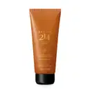Frasco de 200ml de loção desodorante hidratante corporal Fougére Aromático da marca Botica 214 Sevilla Dorada, na cor laranja, com  tampa preta e letras douradas, trazendo informações sobre o produto.