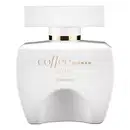 Vidro branco em formato quadrado com tampa da mesma cor em formato retangular, detalhes e letras douradas, contendo 100ml de desodorante colônia Coffee Woman Duo.