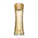 Vidro alongado com líquido bege e tampa dourada em forma de flor contendo 100ml de desodorante colônia da marca Linda.