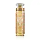 Imagem do frasco de body splash Dream Céu de Baunilha, em embalagem cilíndrica com tampa transparente e válvula spray dourada. O rótulo é em tons de amarelo, laranja e branco e traz um sorvete ilustrativo. O recipiente conta com 200ml de produto.