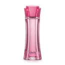 Frasco de vidro longo e transparente com líquido rosa e tampa rosa em formato de flor contendo 100ml de desodorante colônia Linda Felicidade.