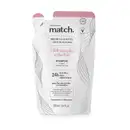 Refil de shampoo Match Hidratação e Brilho em sachê de 250ml nas cores rosa e branca com letras pretas.