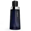 Frasco de fragrância da marca O Boticário Malbec Noir feito de vidro de cor azul escuro, com um design geométrico com tampa texturizada preta com detalhes prateados na base.
