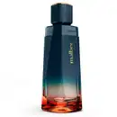 Frasco de item de perfumaria da marca Malbec Flame em degradê tons de azul e laranja, com design angulado e prata e tampa azul com detalhe texturizado e logo dourado gravado no vidro.