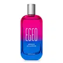 Imagem de um recipiente de vidro rosa e azul, com tampa prateada e rótulo em branco exibindo "Egeo Dolce Illusion". A embalagem traz 90ml de produto. Sugere uma fragrância moderna e jovial.