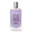 Imagem de um vidro transparente com cantos arredondados, líquido azul, tampa prateada e rótulo em letras pretas contendo 90ml de desodorante colônia Egeo Cogu Mellow.