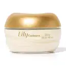 Imagem de pote contendo creme acetinado hidratante corporal da marca Lily. A embalagem é branca, com tampa e rótulo dourados e traz 250g de produto.