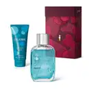 Produtos da marca Celebre, sendo uma bisnaga azul com bolas azul-claro com 100g de shower gel 2 em 1 e um vidro transparente com líquido azul claro e tampa prateada de desodorante colônia da linha Celebre Agora, além de caixa vermelha com detalhe dourado.
