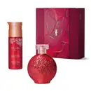 Kit de produtos Floratta Red, incluindo um frasco vermelho com tampa dourada de loção hidratante corporal e um desodorante colônia, em embalagem vermelha arredondada com detalhes florais em relevo, além de uma caixa vinho com detalhe dourado