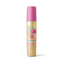 Frasco de item de perfumaria em formato cilíndrico com tampa rosa. Embalagem dourada com ilustrações coloridas e texto "Shimmer Splash Corpo e Cabelo" e "Sophie". Produto da linha Toy Story 5 da Disney.