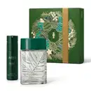 Imagem do Kit Presente Natal Arbo que traz um frasco de vidro transparente com tampa verde de desodorante colônia masculina, um frasco cilíndrico verde-escuro fosco de body spray e uma caixa presenteável verde com estampa natalina.
