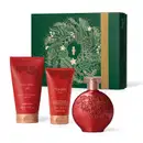 Imagem do Kit Presente Natal Floratta Red com vidro arredondado de desodorante colônia, dois frascos sendo um de sabonete líquido e outro de loção hidratante corporal e uma caixa verde com estampa natalina.