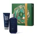 Imagem do Kit Presente Natal Egeo Blue com um vidro azul-marinho de cantos arredondados e tampa prateada de desodorante colônia, uma bisnaga azul-marinho e prata de shower gel e uma caixa verde presenteável com estampa natalina.