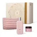 Imagem do Kit Presente Natal Egeo Choc com um vidro rosa-claro de desodorante colônia, um pote rosa com tampa vinho de suflê hidratante corporal, um nécessaire rosa e uma caixa rosa-claro presenteável com ilustração floral.